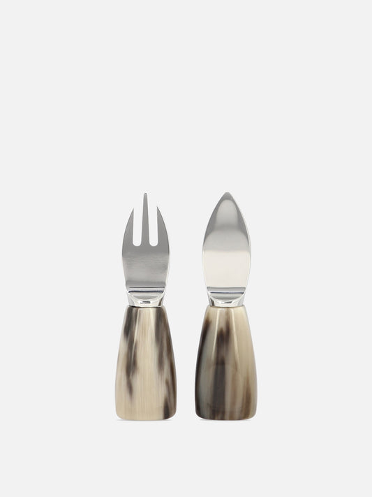 2-piece steel and buffalo horn cheese cutlery set
